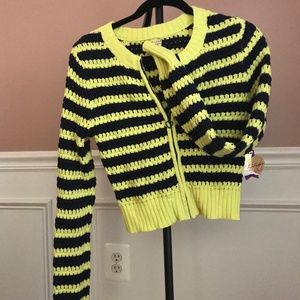 Yellow black stripe zipper short cardigan